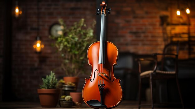 violino su una sedia di legno su uno sfondo di legno