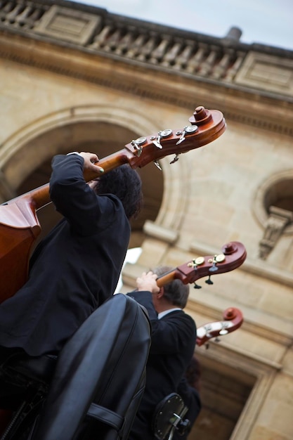 Violoncellisti sul retro che suonano in una band classica