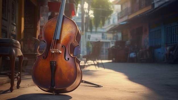 Violoncello sulla strada della vecchia cittàgenerativa ai