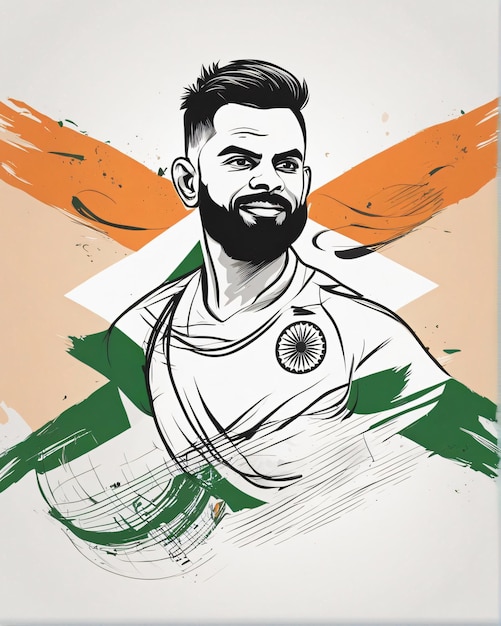 Virat Kohli Capitano indiano line art concetto di bandiera