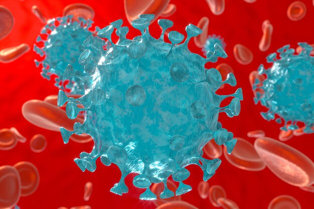 Virus corona dispersi con rendering 3d di sfondo sanguigno