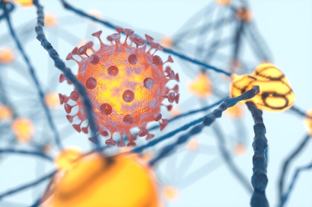 Virus corona dispersi con rendering 3d sullo sfondo del sistema nervoso