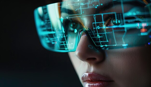 Vision futuristica da vicino di un occhio umano potenziato con la tecnologia digitale di realtà aumentata illuminata da luci colorate e dati