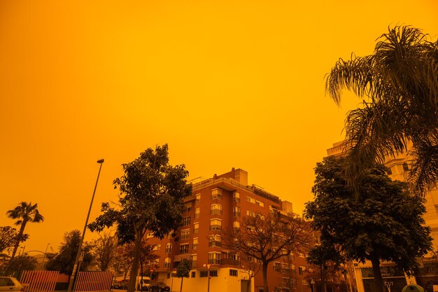 Visione apocalittica del cielo fangoso di Malaga dovuto all'arrivo della nebbia sahariana senza filtro