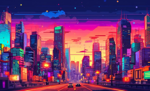 Visione futuristica di una città dai colori vivaci Illustrazione astratta IA generativa