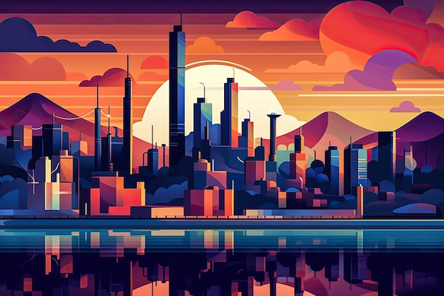 Visione futuristica di una città dai colori vivaci Illustrazione piatta astratta scifi concept art del futuro