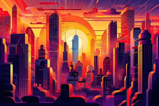 Visione futuristica di uno skyline cittadino con colori vivaci Illustrazione piatta astratta IA generativa