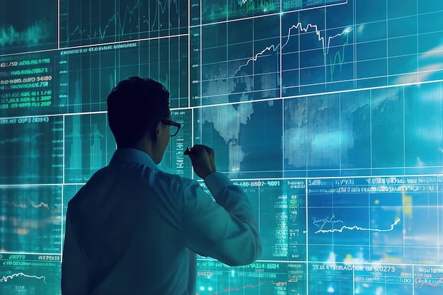 Visione posteriore uomo d'affari in abito cerca un esperto finanziario analizzando il mercato azionario circondato da schermi digitali visualizzazione di statistiche e grafici e tabelle e controllo di tendenze digitali analisi statistiche