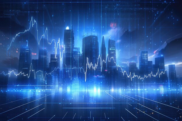 Visioni finanziarie olografiche che illuminano il concetto di mercato monetario sullo sfondo aziendale