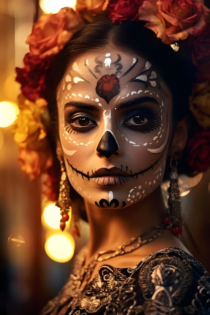 Viso femminile trucco teschio messicano dia de los muertos tema del giorno dei morti