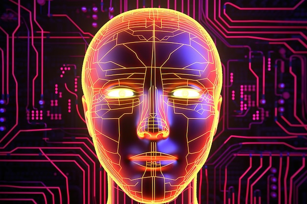 Viso umanoide del robot AI con lo sfondo del circuito stampato