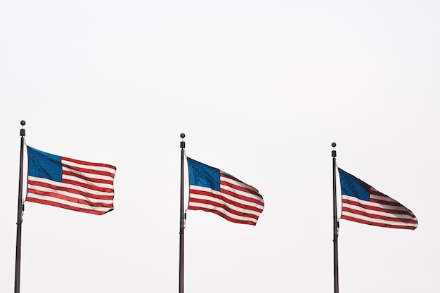 Vista a bassa angolazione delle bandiere americane che sventolano contro un cielo limpido