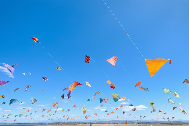 Vista a bassa angolazione di aquiloni che volano contro un cielo blu limpido