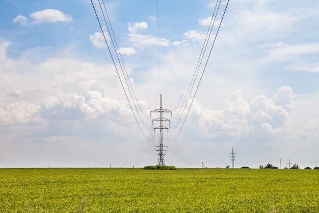 Vista a basso angolo del pilone elettrico sul campo contro il cielo