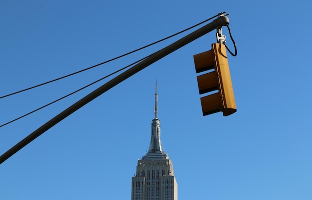 Vista a basso angolo del segnale stradale e dell'Empire State Building contro un cielo limpido