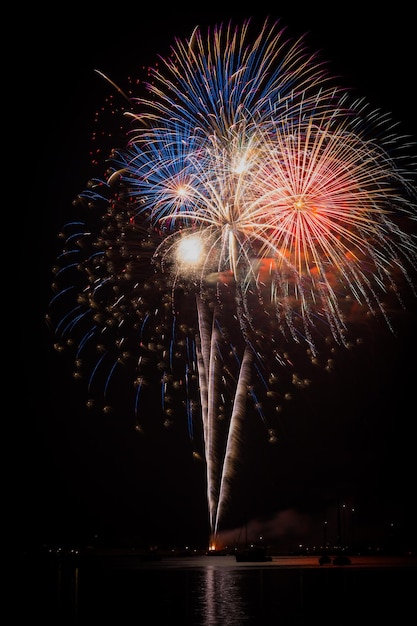 Vista a basso angolo dello spettacolo di fuochi d'artificio di notte