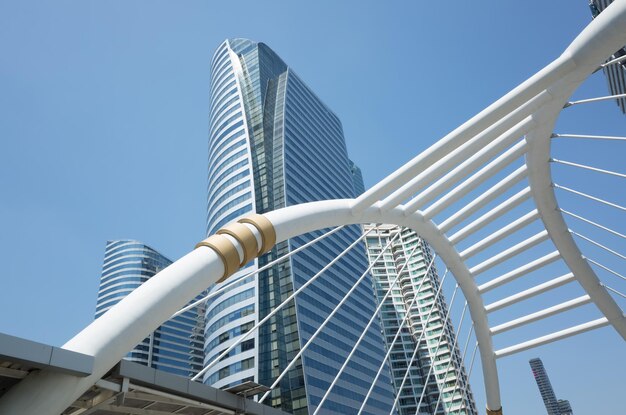 Vista a basso angolo di edifici moderni contro un cielo blu limpido