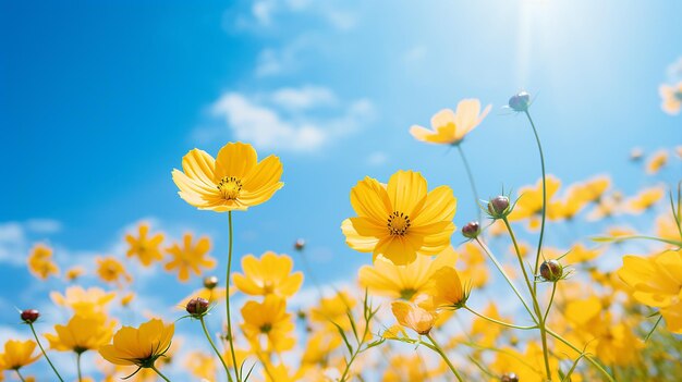 Vista a basso angolo di piante da fiore gialle del cosmo sul campo contro il cielo