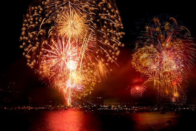 Vista a basso angolo di spettacolo di fuochi d'artificio di notte