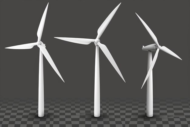 Vista a raggi X di turbine eoliche un mulino a vento e un generatore di energia eolica Torri bianche e lunghe pale per la produzione di energia ecologica alternativa isolate su uno sfondo trasparente Modello moderno realistico 3D di