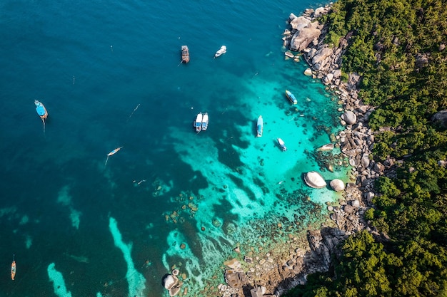 Vista a volo d'uccello delle isole e delle baie blu tropicali