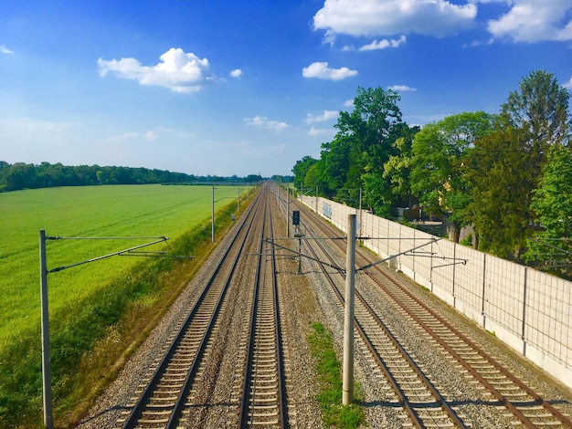 Vista ad alta angolazione dei binari ferroviari dagli alberi contro il cielo blu