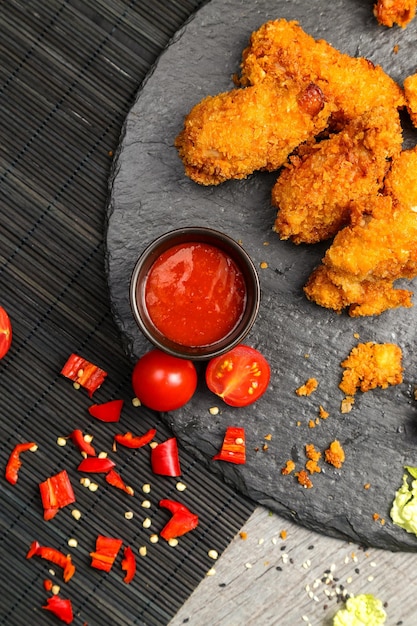 Vista ad alta angolazione del pollo fritto con la salsa sul tavolo