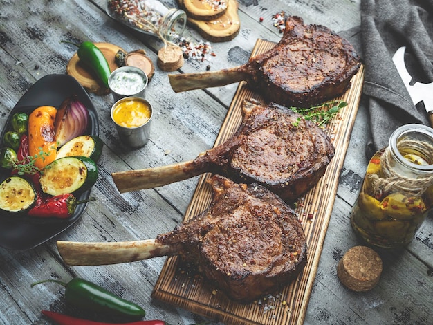 Vista ad alta angolazione delle cotolette di agnello arrostite su tavola