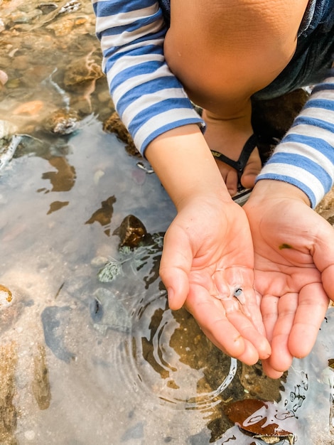 Vista ad alta angolazione delle mani sull'acqua
