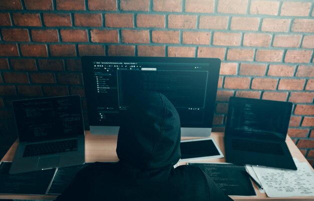 Vista ad alta angolazione di un uomo d'affari che usa un computer sulla scrivania