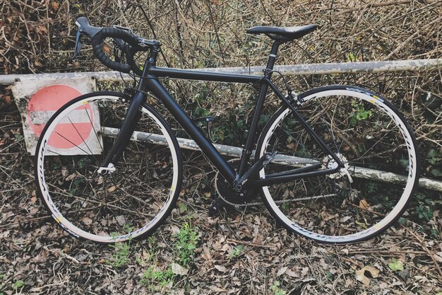 Vista ad alta angolazione di una bicicletta parcheggiata sul campo