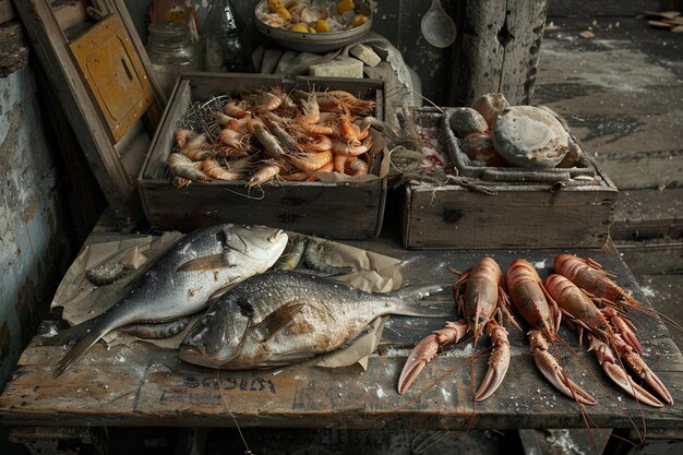 Vista ad alto angolo dei frutti di mare sulla tavola