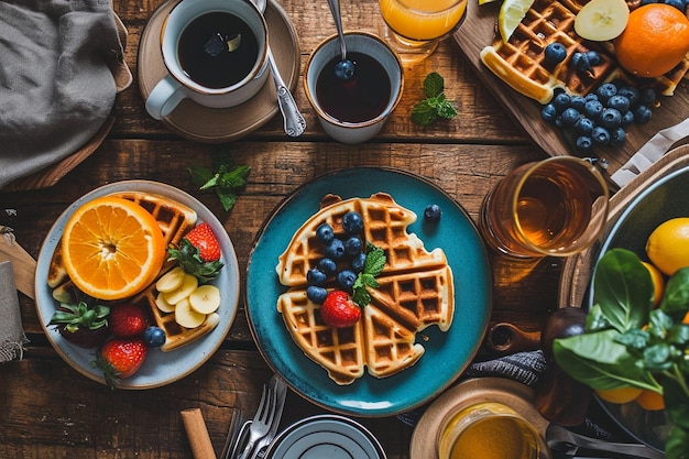 Vista ad alto angolo del cibo sui waffle da tavola