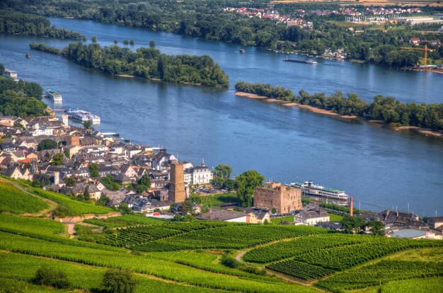 Vista ad alto angolo del fiume in mezzo agli edifici della città