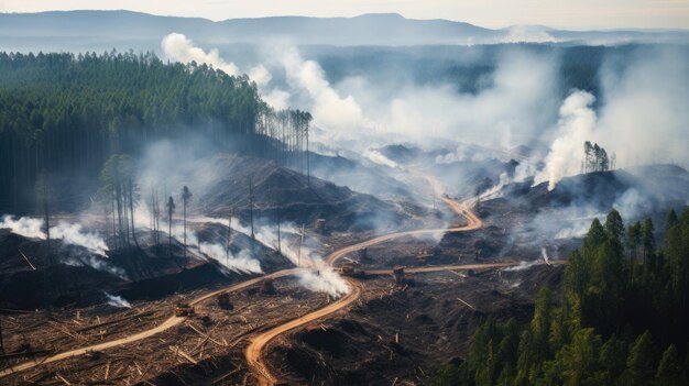 vista ad alto angolo della foresta che è stata abbattuta in una vasta area