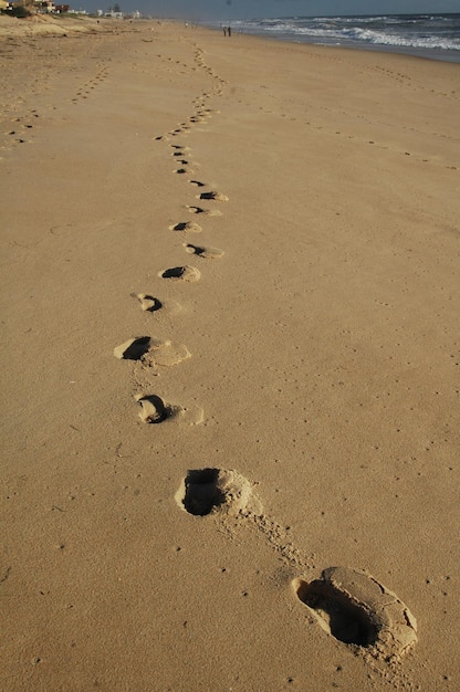 Vista ad alto angolo delle impronte sulla sabbia bagnata sulla spiaggia