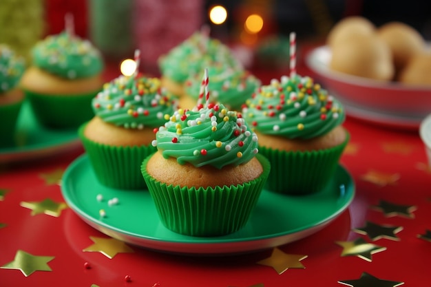 Vista ad alto angolo di muffin con accessori da festa su superficie verde