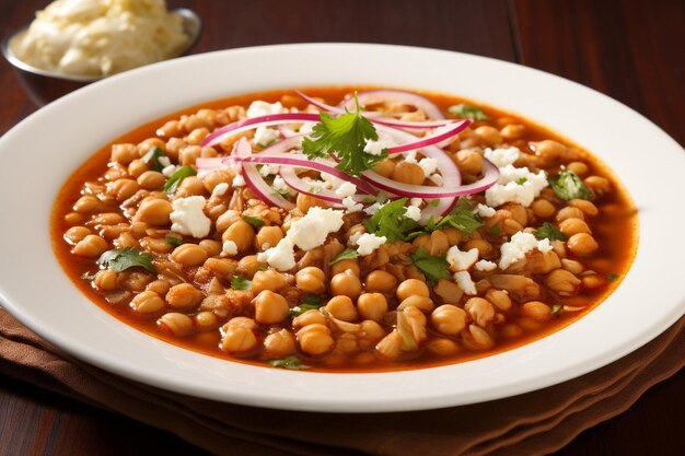 Vista ad alto angolo di un piatto di pozole e verdure tritate in ciotola sul tavolo