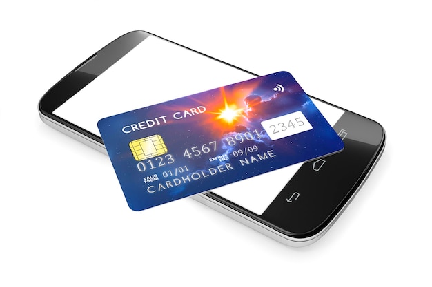 Vista ad alto angolo di un telefono cellulare con carta di credito su sfondo bianco