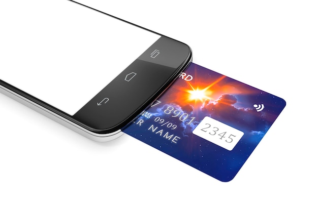 Vista ad alto angolo di un telefono cellulare con carta di credito su sfondo bianco