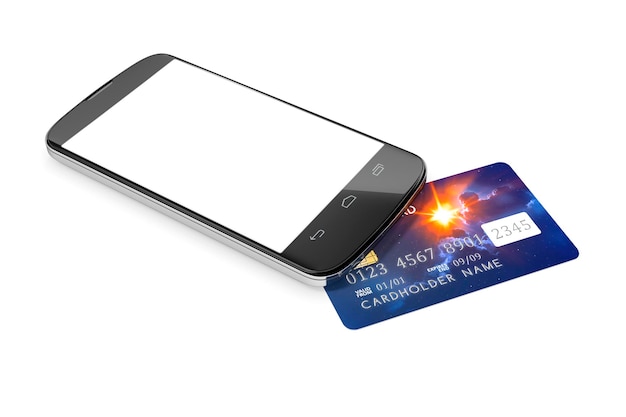 Vista ad alto angolo di un telefono cellulare con carta di credito su sfondo bianco