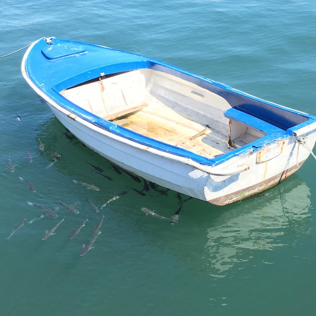 Vista ad alto angolo di una nave ormeggiata in mare