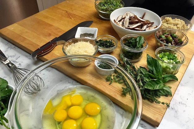 Vista ad alto angolo di verdure crude e uova sul bancone della cucina