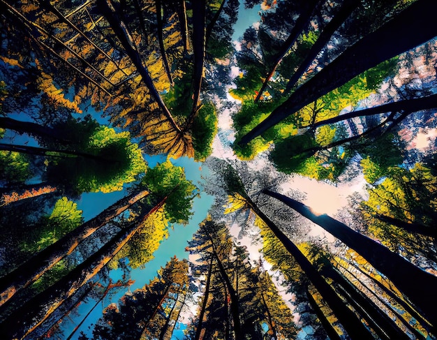 Vista ad angolo basso degli alberi nella foresta Vista del cielo blu attraverso le cime degli alberi verdi stagione primaverile ba