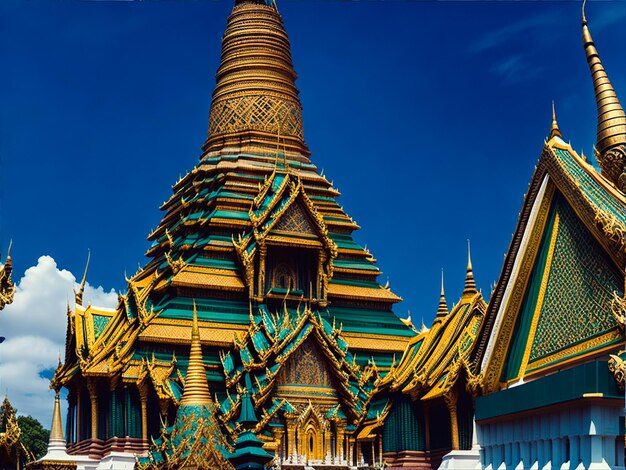 Vista ad angolo basso del Tempio del Buddha di Smeraldo Wat Phra Kaew a Bangkok in Thailandia