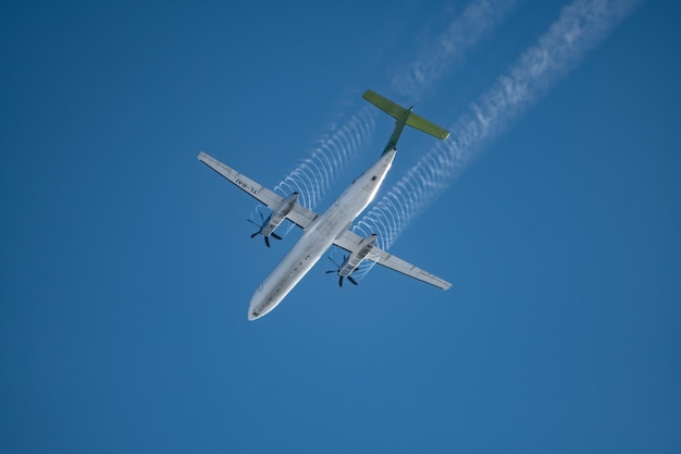 Vista ad angolo basso dell'aereo contro un cielo blu limpido