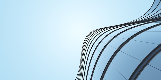 Vista ad angolo basso dell'architettura futuristica, grattacielo di un edificio per uffici con finestra in vetro curva, rendering 3D.