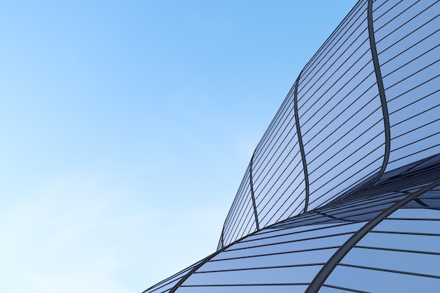 Vista ad angolo basso dell'architettura futuristica, grattacielo di un edificio per uffici con finestra in vetro curva, rendering 3D.