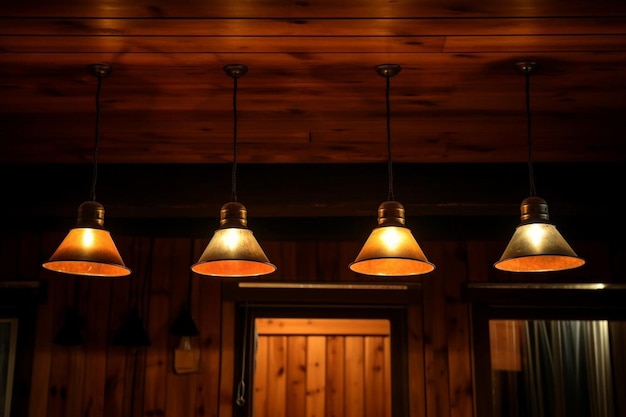 Vista ad angolo basso delle apparecchiature di illuminazione illuminate montate a parete