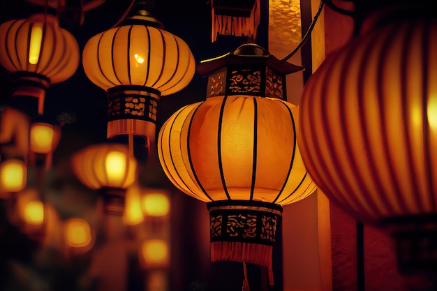 Vista ad angolo basso delle lanterne cinesi illuminate gialle di notte per il capodanno cinese Ai generativo